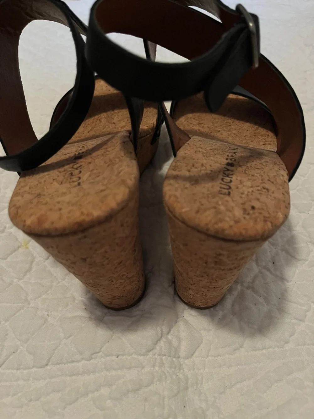 Lucky brand, black leather & cork wedge sandals